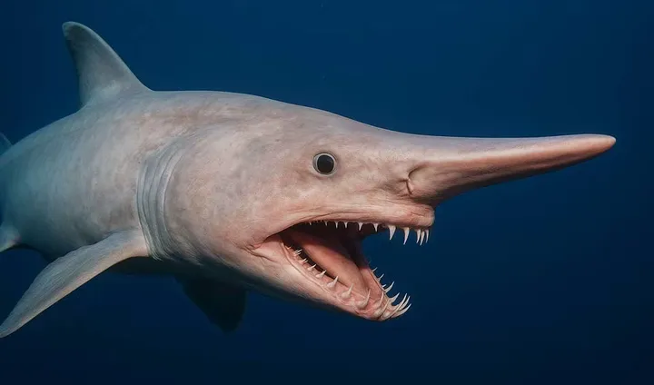 Close view of a goblin shark mouth with protruding jaws and needle teeth